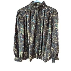 Vintage 80's 90's Yves St.‎ Clair Size 6 High Neck Pleated Blouse AOP Classy